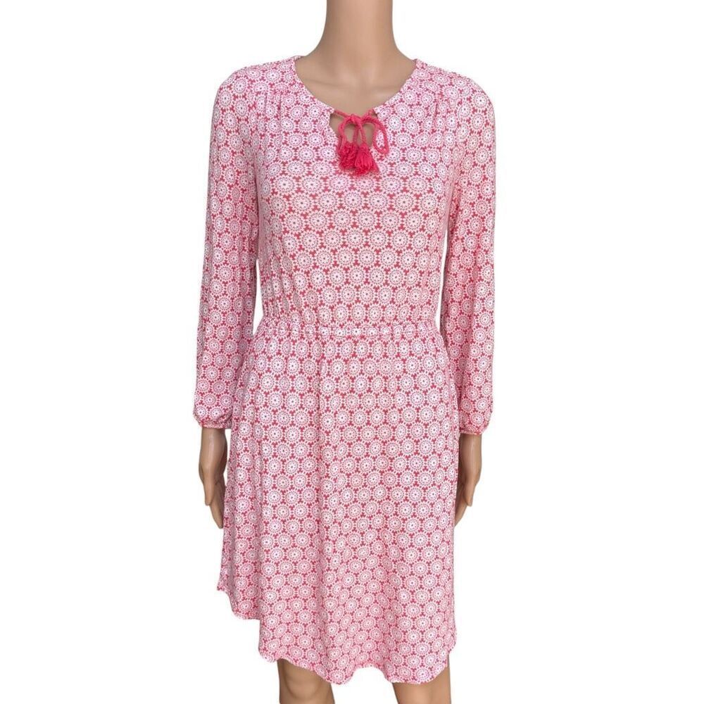 Boden Pink White Floral Medallion Tassel Tie Dress linen blend US 4L UK 8L